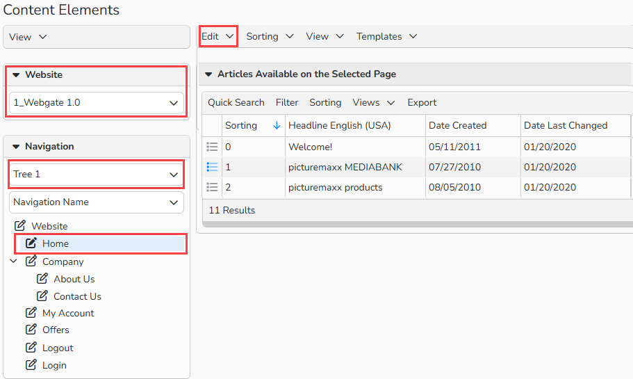 A screenshot of the Web Content Elements window showing the options to create a web element. The selection options are highlighted: website, navigation element, page, and the Edit menu.