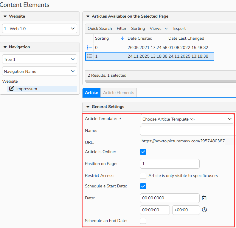 A screenshot of the Web Content Elements window showing element setup options. The relevant fields are highlighted.