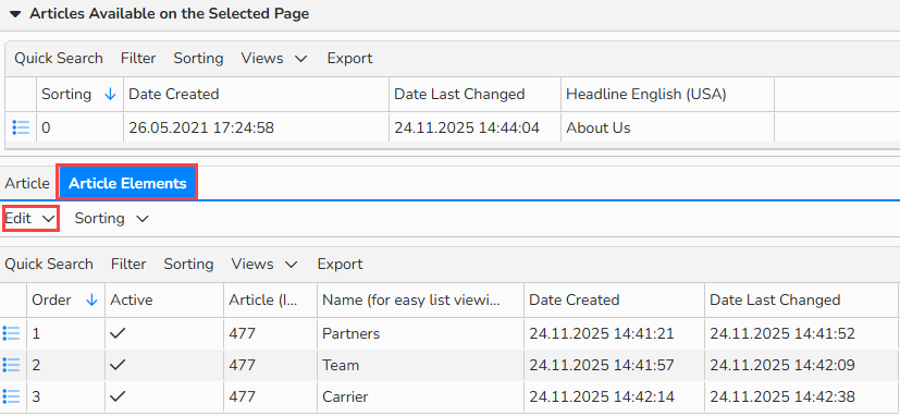 A screenshot of the Web Content Elements window showing the Article Elements tab setup options. The tab and the Edit menu are highlighted.