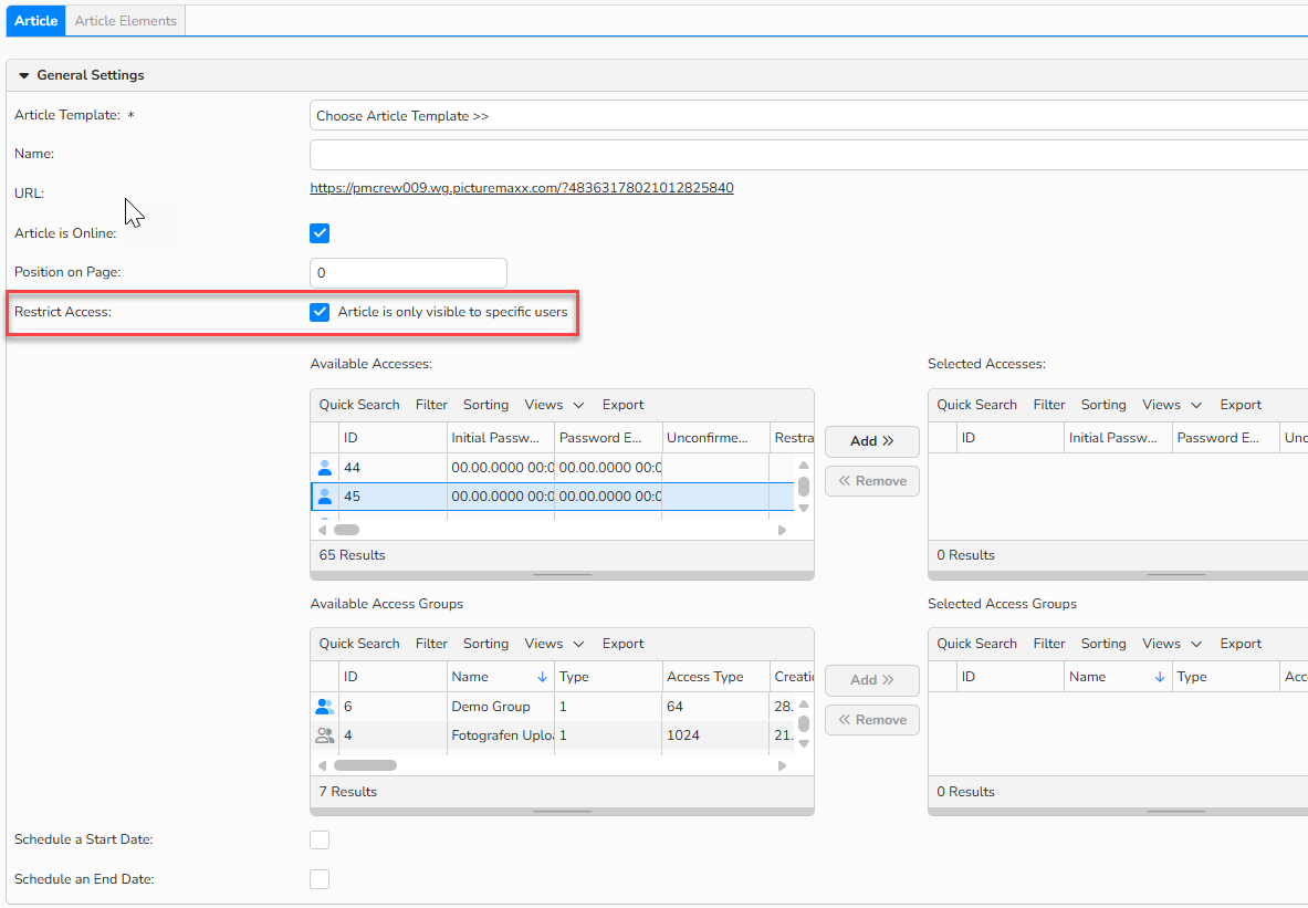 Screenshot of the Web Content Elements window showing the Article tab. The option Restrict Access is highlighted and activated.