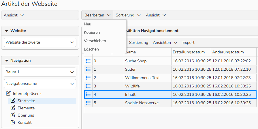 Screenshot des Fensters Artikel der Webseite mit den Optionen zum Erstellen eines Webelements. Es werden folgende Bereich gezeigt: Website, Navigation und Menü.
