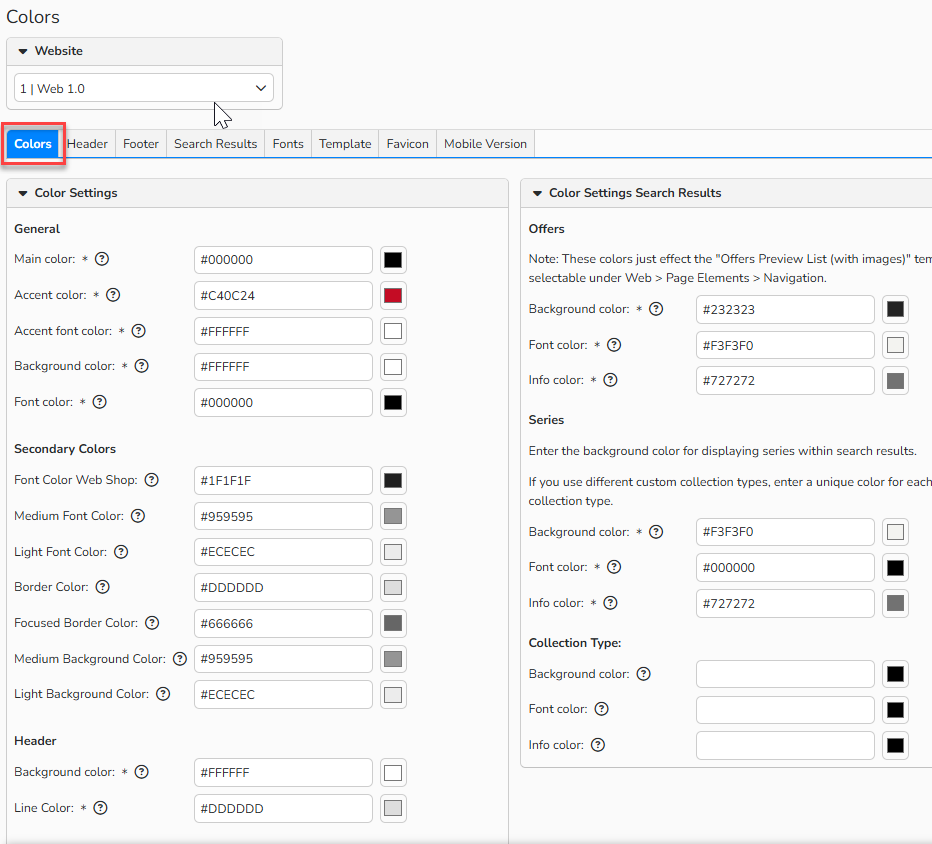 Screenshot of the Colors window with options for specifying colors, header and footer displays for a website, graphic additions such as logos and favicons, and the option to enable optimized display on mobile devices. The Colors tab is highlighted.