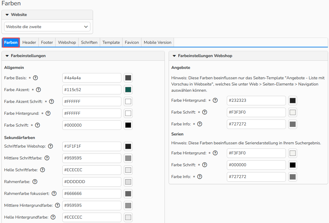 image_2 Screenshot des Fensters Farben mit den Optionen zur Festlegung der Farben, Header- und Footer- Darstellungen einer Webseite sowie grafischen Ergänzungen wie Logo und Favicon und der Möglichkeit der Aktivierung der optimierten Darstellung auf mobilen Endgeräten. Der Tab Farben ist hervorgehoben.