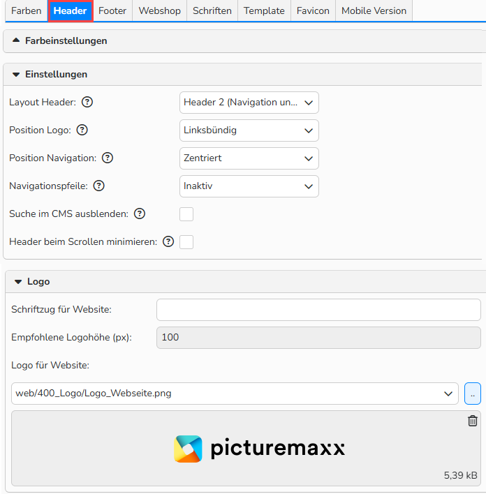Screenshot des Fensters Farben mit den Tabs Farben, Header, Footer, Webshop, Schriften, Template sowie Favicon und Mobile Version. Der Tab Header mit den Optionen zur Festlegung der Farben und des Logos und der Positionierung des Headers ist hervorgehoben.