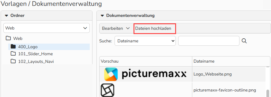 Screenshot des Fensters „Vorlagen/Dokumentenverwaltung“ mit Optionen zum Hochladen und Organisieren von Dateien für Webinhalte. Die Schaltfläche „Dateien hochladen“ ist hervorgehoben, die Logodatei ist sichtbar.