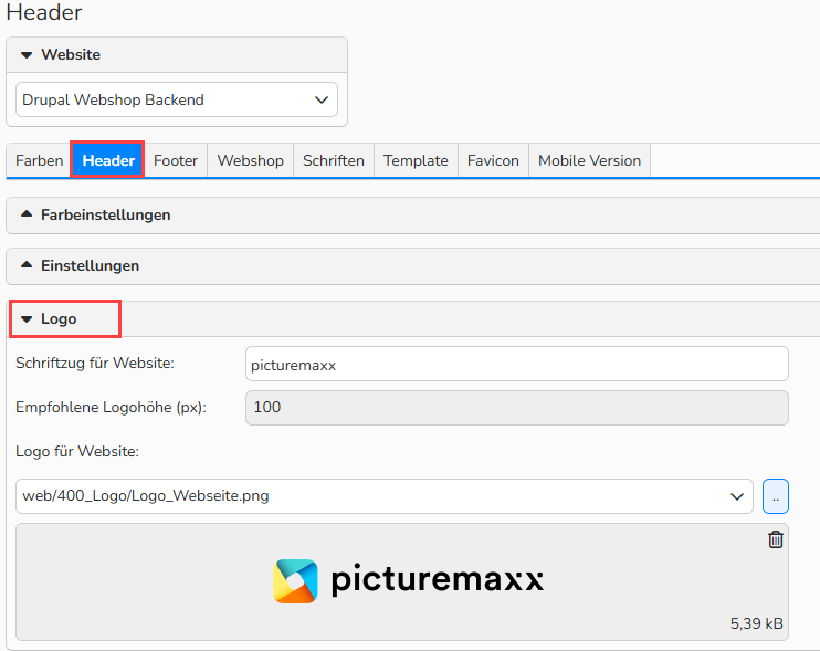 Screenshot eines Fensters zur Einrichtung des Weblayouts mit dem Tab „Kopfzeile“ und den Optionen zum Hinzufügen des Logos.