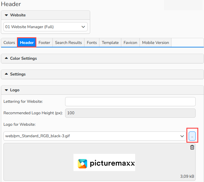 Screenshot of a web layout setup window showing the Header tab and the options to add the logo.