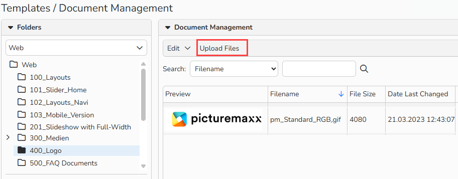 Screenshot of the Web Document Management window showing options to upload and organize files for web content. The Upload Files button is highlighted the logo file is visible..