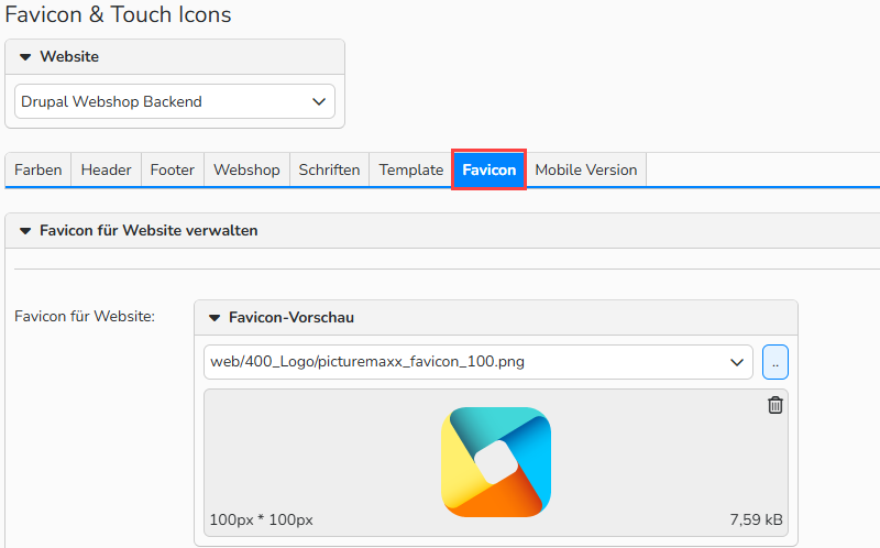 Screenshot des Fensters „Favicon/Touch Icons“ mit Optionen zum Hochladen und Verwalten von Favicons für die Webseite. Der Tab „Favicon