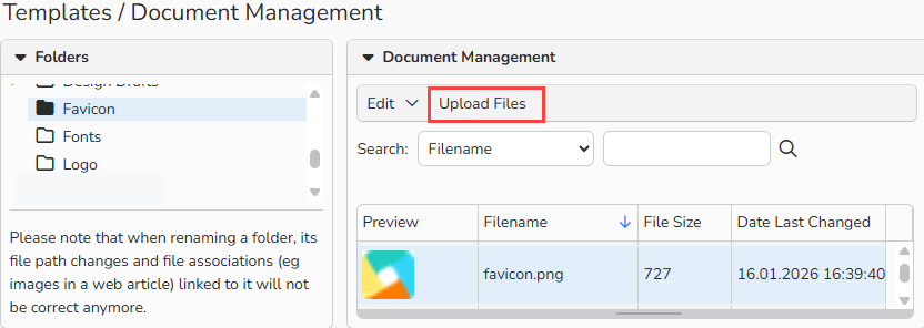 Screenshot of the Web Document Management window showing options to upload and organize files for web content. The Upload Files button is highlighted the favicon file is visible..
