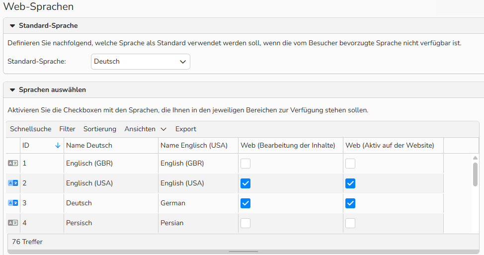 Screenshot des Einstellungsfensters für Websprachen, in dem Optionen zum Festlegen der Standardsprache für eine Website sowie mehrerer zusätzlicher Sprachen für Webinhalte angezeigt werden.