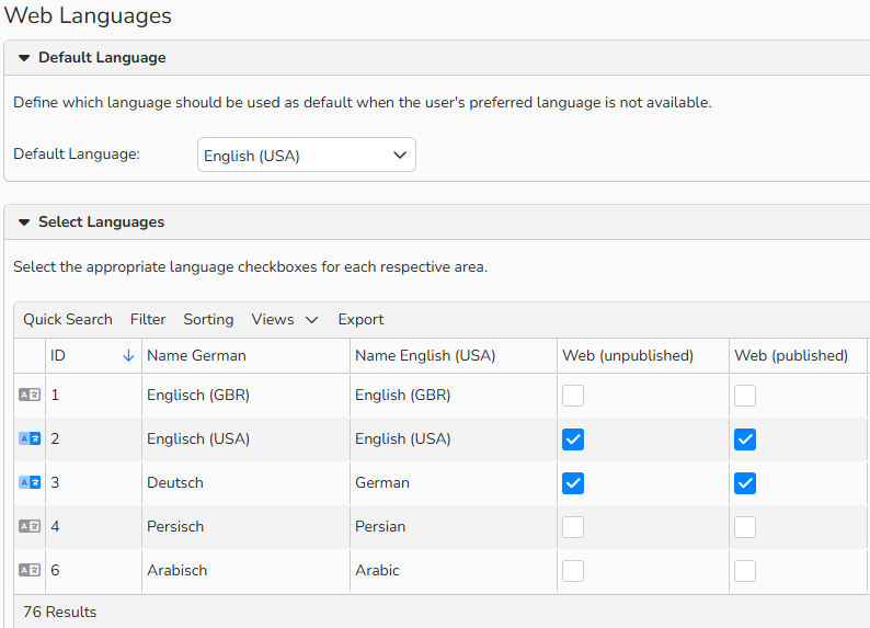 Screenshot of the Web Languages setup window showing options to set a default language for a website as well as multiple additional languages for web content.