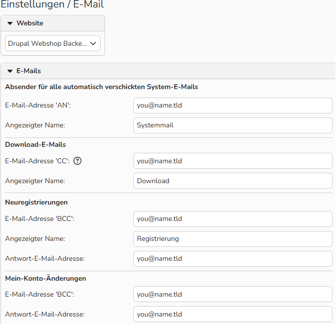 Screenshot eines Fensters zur Einrichtung von Web-E-Mail-Adressen, in dem die Optionen zur Konfiguration von E-Mail-Adressen für automatische Benachrichtigungen angezeigt werden.