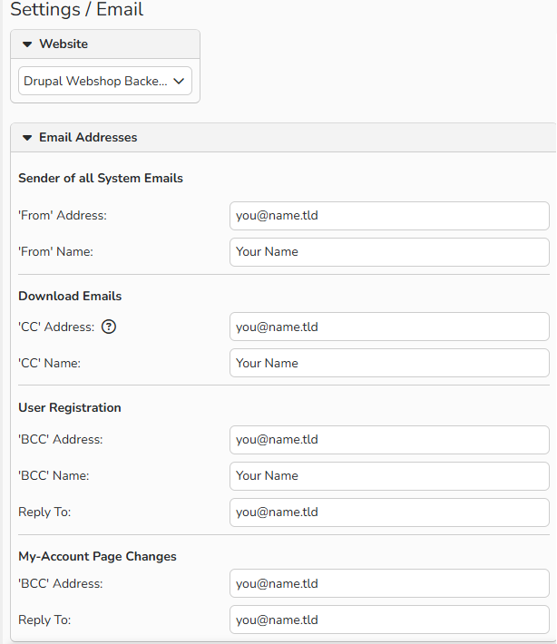 Screenshot of a web email addresses setup window showing the options to configure email addresses for automatic notifications.