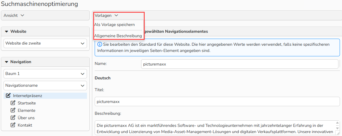Screenshot des Fensters „Suchmaschinenoptimierung (SEO)“ das das Menü „Vorlagen“ und Optionen zum Speichern von Meta-Tags als Vorlage zeigt.