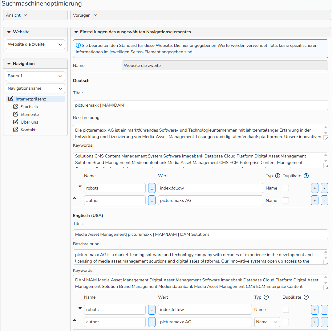 Screenshot des Fensters „Suchmaschinenoptimierung (SEO)“ mit Optionen zum Hinzufügen und Konfigurieren von Meta-Tags.