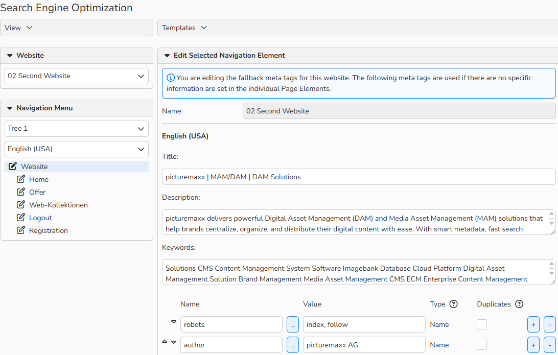 Screenshot of the Search Engine Optimization (SEO) window showing options to add and configure meta tags.