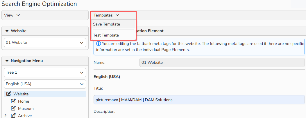 Screenshot of the Search Engine Optimization (SEO) window showing the Templates menu with options to save meta tags as template.