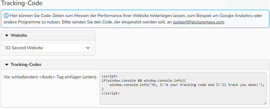 Screenshot eines Tracking-Code-Fensters, das die Position des Tracking-Codes im Quellcode einer Webseite anzeigt.