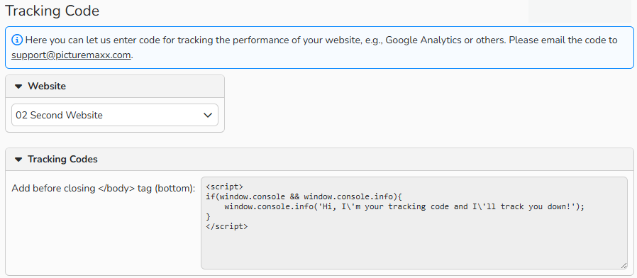 Screenshot of a tracking code window showing the tracking code location in the source code of a website.