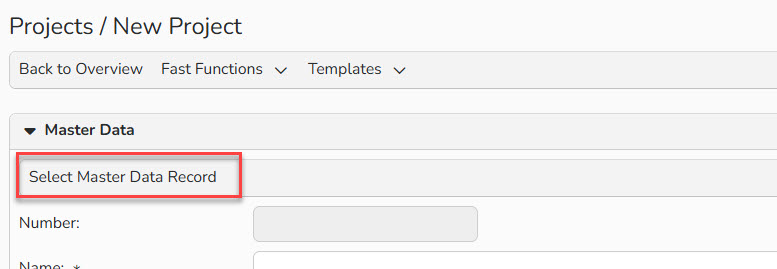 Screenshot of the New Project setup window with the Select Master Data Record button highlighted.