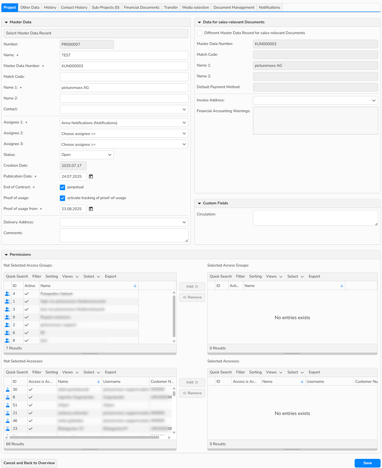 Screenshot of the New Project setup window with options to enter project details, select a customer and salesperson, and manage access permissions.