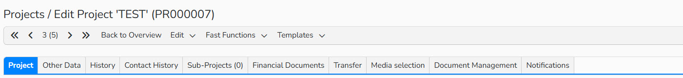 Screenshot of the Project setup window showing tabs for managing projects and sub‑projects.