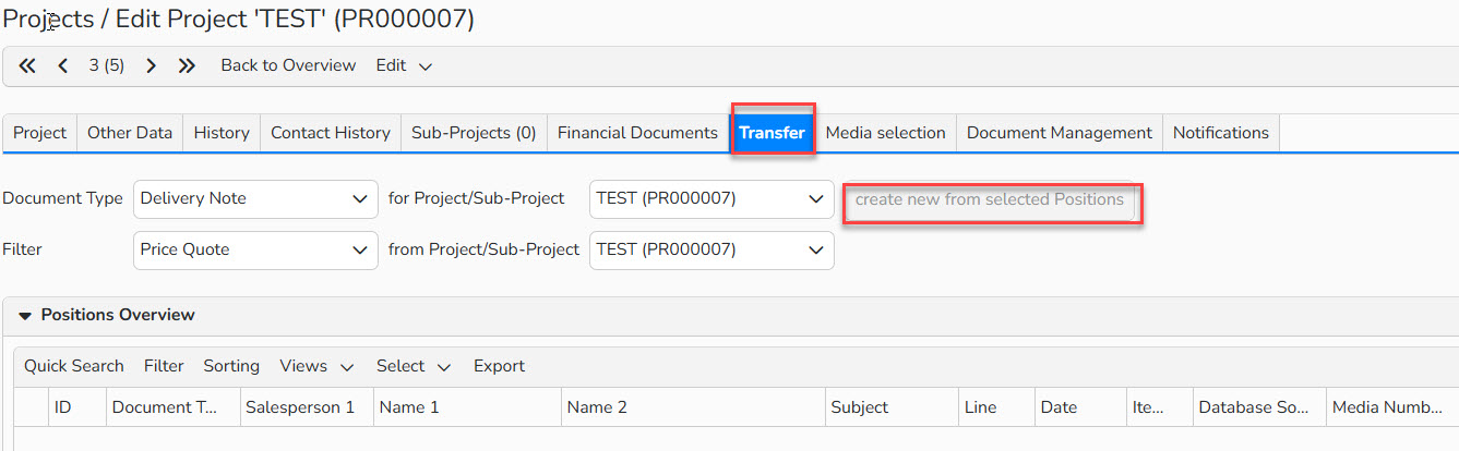 Screenshot of the Project setup window showing the Transfer tab open and highlighted. The Create new from selected position button is highlighted.
