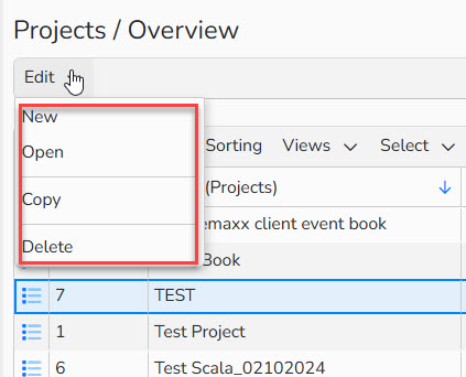 Screenshot of the Projects Overview window with the highlighted Edit menu and its options.
