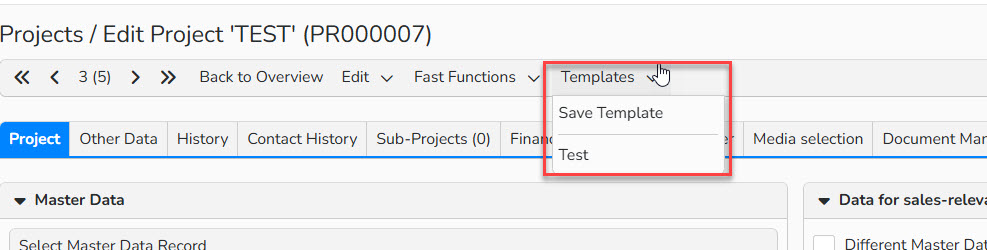 Screenshot of the Project setup window with the highlighted Templates menu and its options .