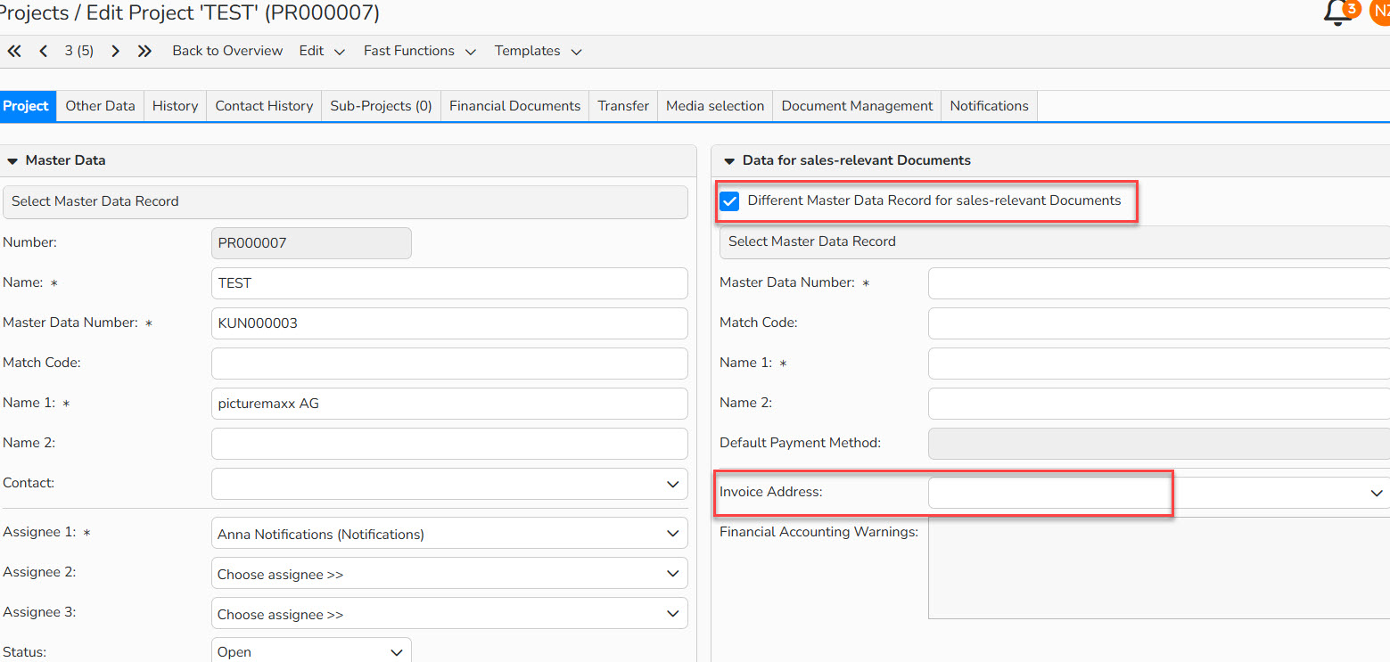 Screenshot of the New Project setup window with with highlighted controls for selecting separate delivery and invoice addresses.