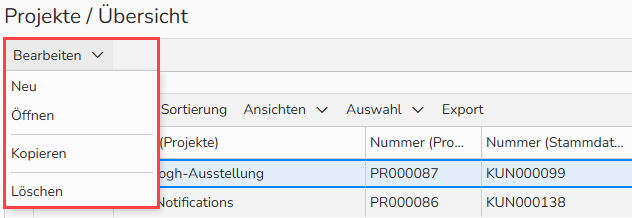 Screenshot des Projektübersichts-Fensters mit dem hervorgehobenen Menü Bearbeiten und dessen Optionen.