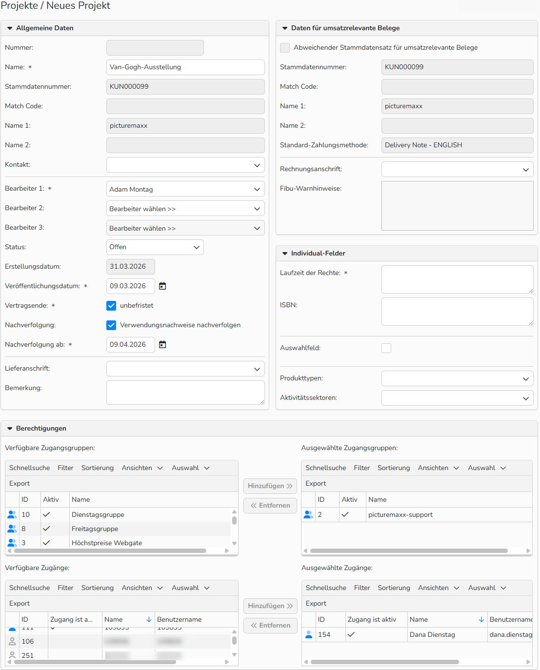 Screenshot des Fensters Neues Projekt mit Optionen zum Eingeben von Projektdetails, zum Auswählen eines Kunden und Verkäufers sowie zum Verwalten der Zugangsberechtigungen.
