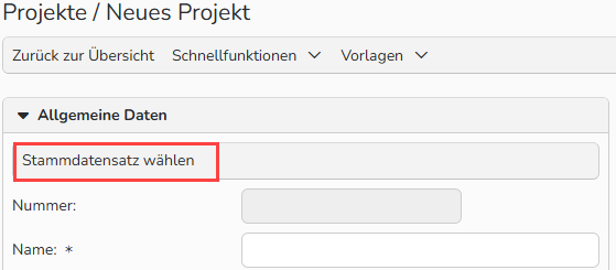Screenshot des Fensters Neues Projekt mit hervorgehobener Schaltfläche Stammdatensatz wählen.