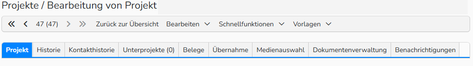 Screenshot des Projekt‑Fensters mit Tabs zur Verwaltung von Projekten und Unterprojekten.