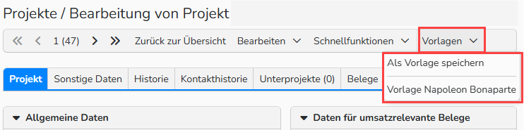 Screenshot des Projekt‑Fensters mit hervorgehobenem Menü Vorlagen und dessen Optionen.