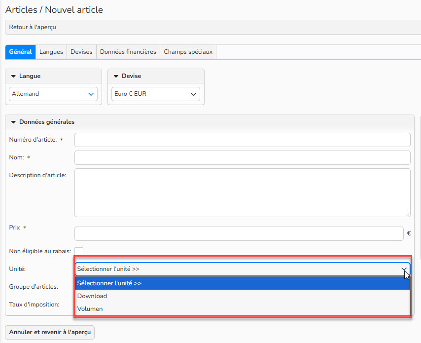 Capture d'écran mettant en évidence l'attribution d'une unité à un nouvel article