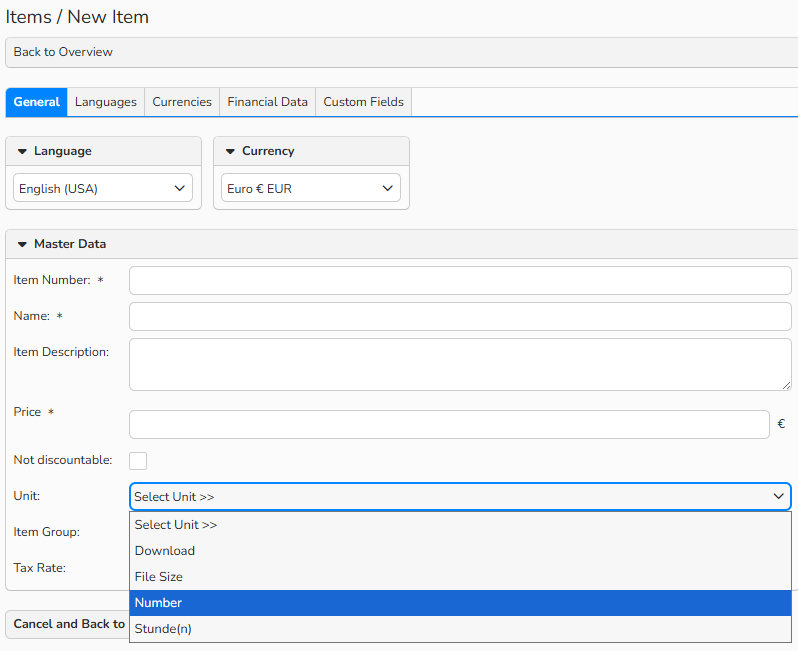 Screenshot of a billable item setup window showing options to assign units to the item.