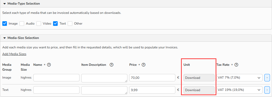 Screenshot of a Download-Based Pricing dialog showing Media Size Selection options with the Units column highlighted.