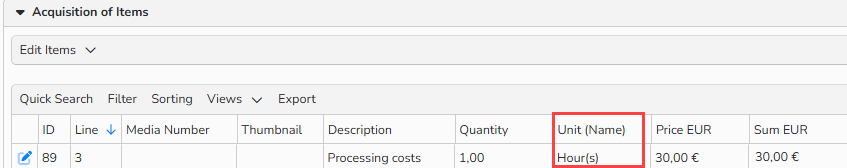 Screenshot of the Invoice dialog showing the options to assign units.The Unit field is highlighted.