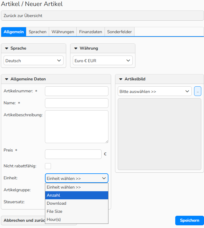 Screenshot eines Einstellungsfensters für abrechnungsfähige Artikel. Das Fenster zeigt die Artikeleinstellungen und ein Feld, in dem einem Artikel über ein Dropdown-Menü eine Einheit zugewiesen werden kann.
