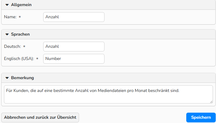 Screenshot des Einrichtungsfensters für Einheiten mit Optionen zur mehrsprachigen Eingabe.