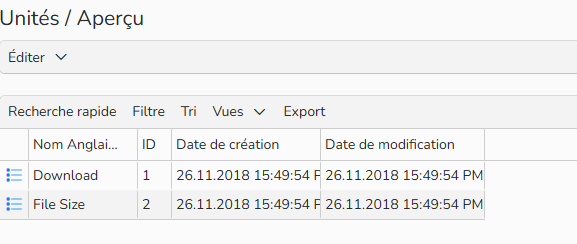 Capture d'écran montrant un aperçu des Unités