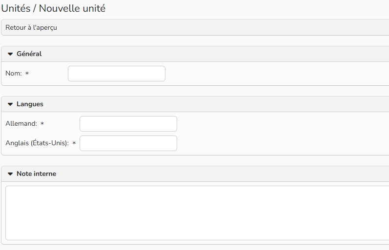 Capture d'écran montrant comment configurer une nouvelle unité