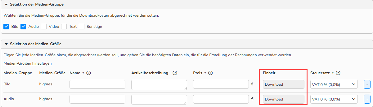 Screenshot des Downloadkosten-Dialogfelds mit Optionen zur Auswahl der Mediengröße, wobei die Spalte „Einheiten“ hervorgehoben ist.