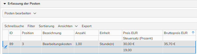 Screenshot des Rechnungsdialogs, der die Optionen zur Zuordnung von Einheiten zeigt.