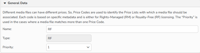 Screenshot of the Price code window showing the setup options.