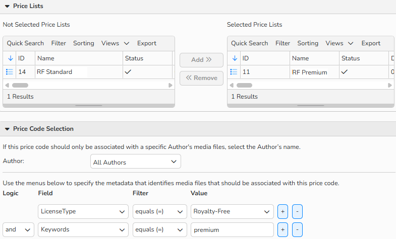 A screenshot of a Price Code dialog showing options to assign price lists and configure Author and metadata.