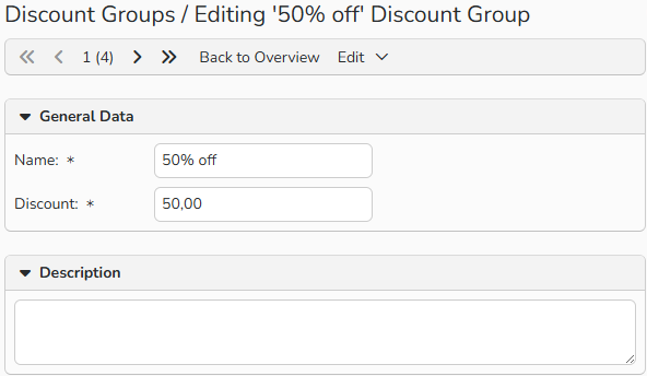 Screenshot of a Discount Group window showing setup options.