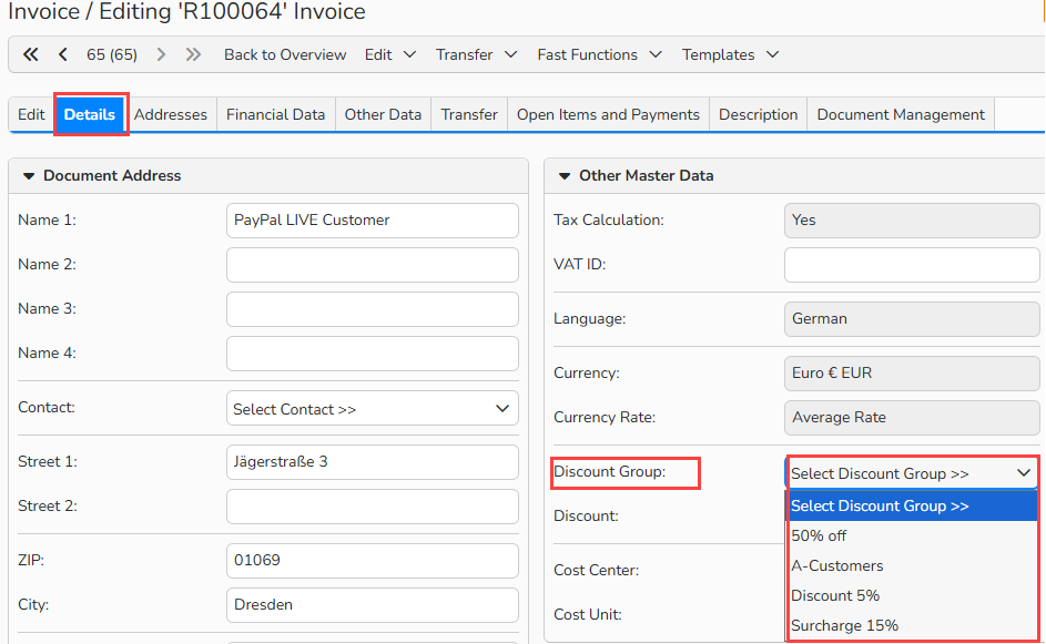 Screenshot of Invoice window with the Details tab open and highlighted. The Discount Group dropdown is highlighted and shows the available discount groups.